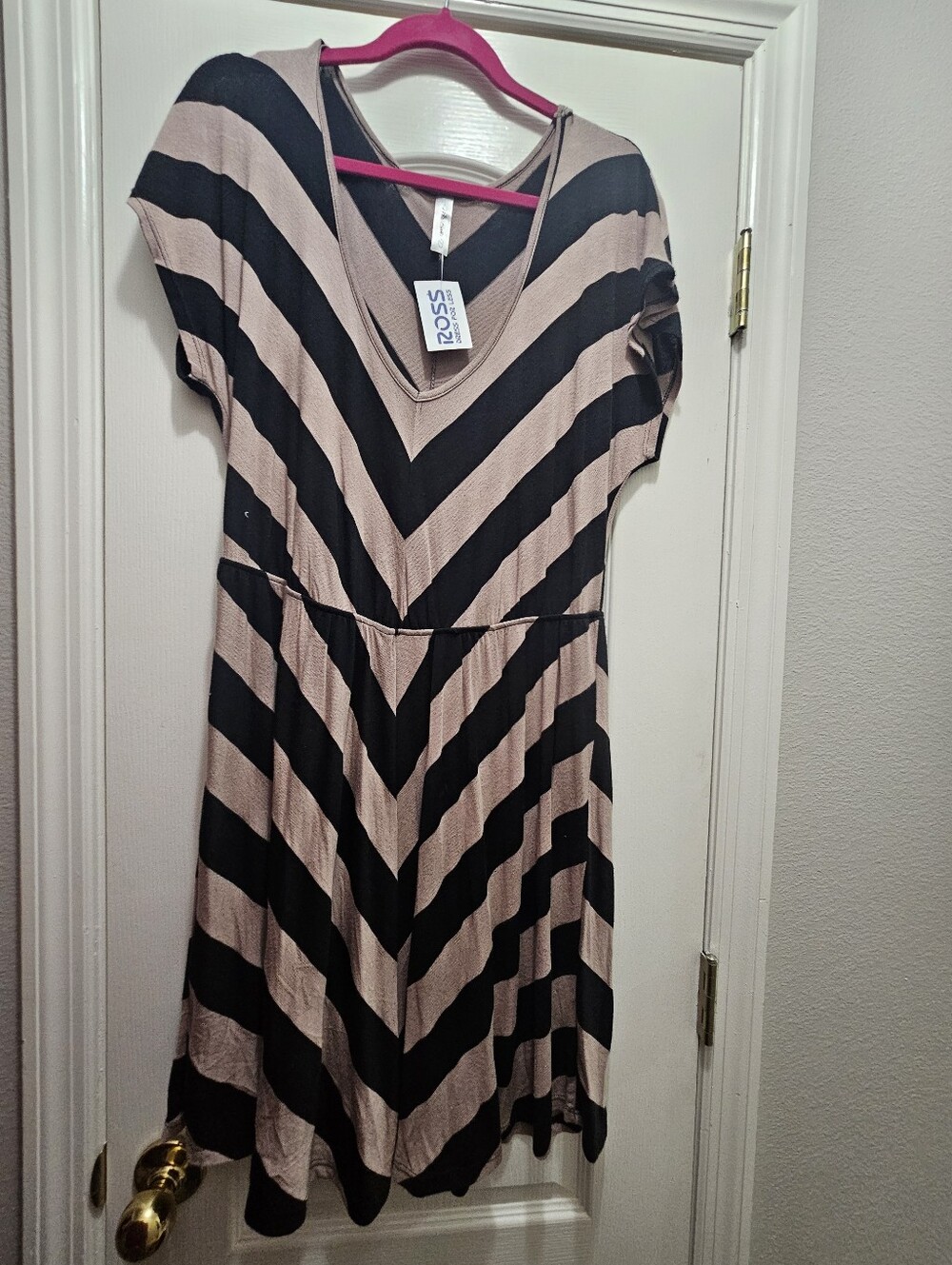 Striped V-Neck A-Line Dress in Beige and Black